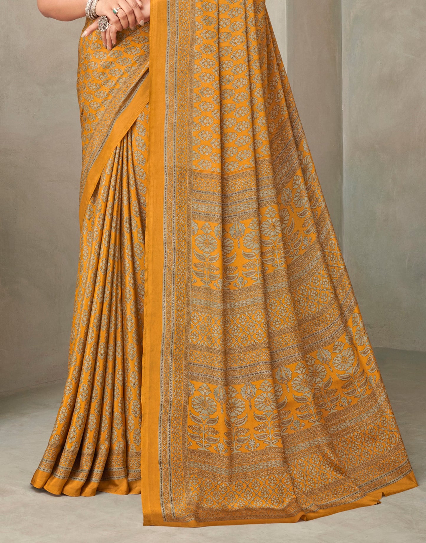 Mustard Yellow Silk Printed Saree