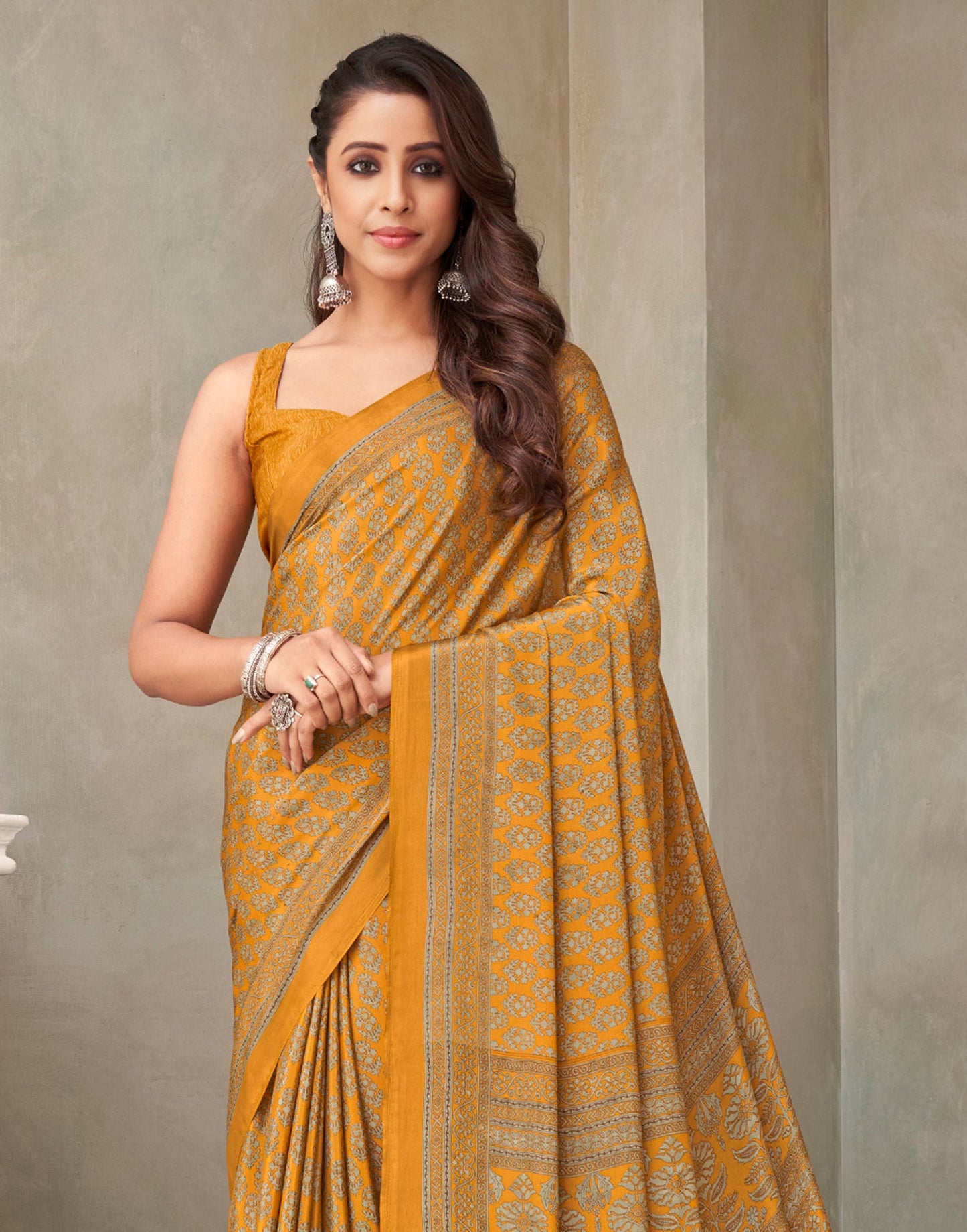 Mustard Yellow Silk Printed Saree