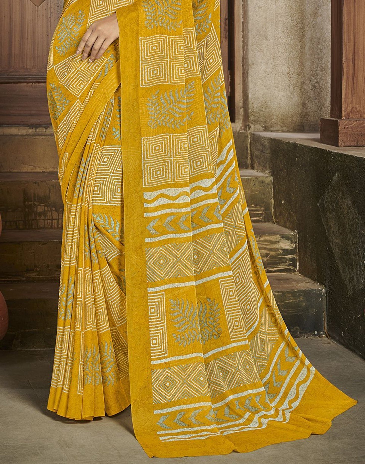 Yellow Chiffon Printed Saree | Leemboodi
