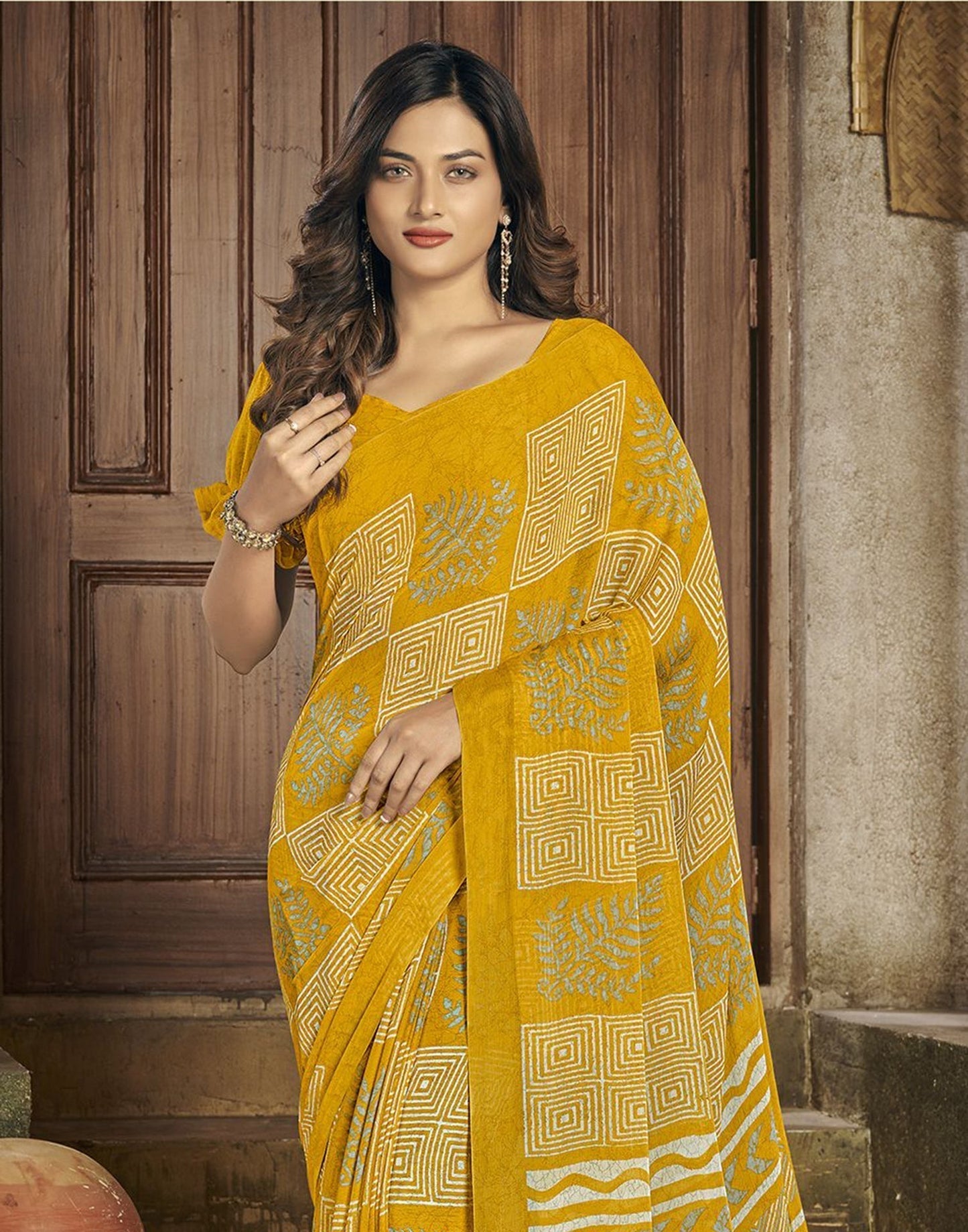 Yellow Chiffon Printed Saree | Leemboodi