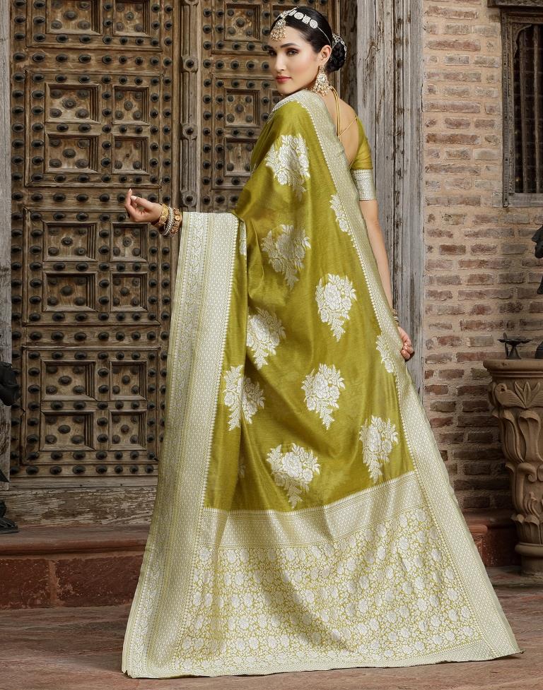 Light Olive Green Banarasi Cotton Saree | Sudathi