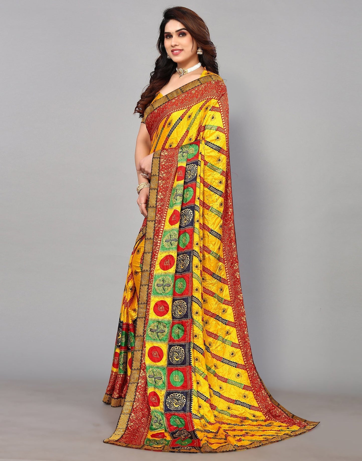 Yellow And Multicoloured Art Silk Stone Work Saree | Sudathi