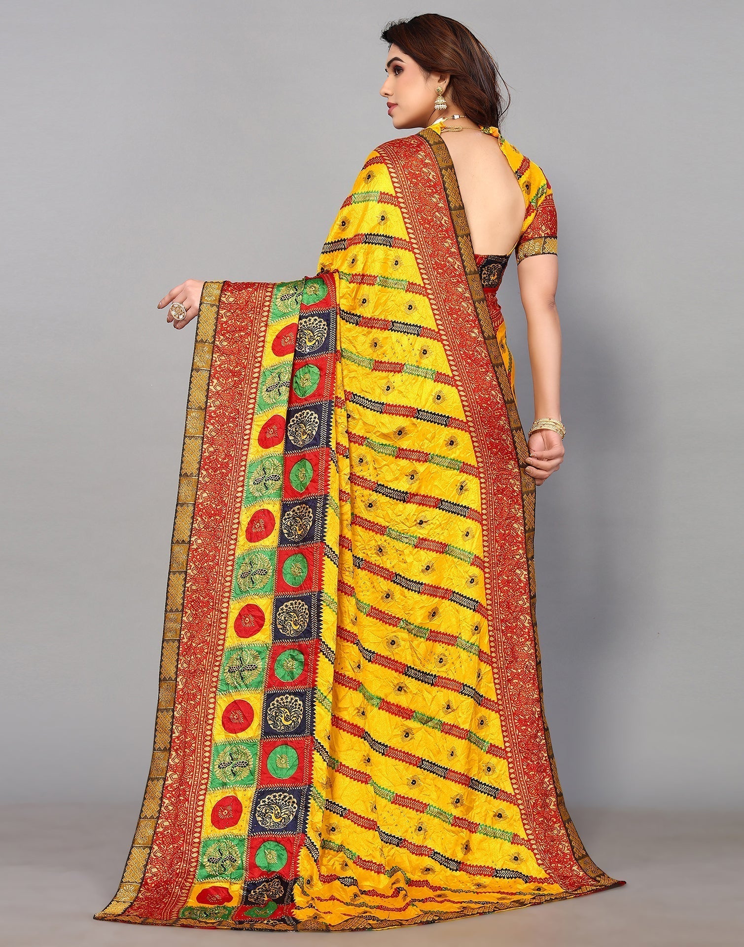 Yellow And Multicoloured Art Silk Stone Work Saree | Sudathi