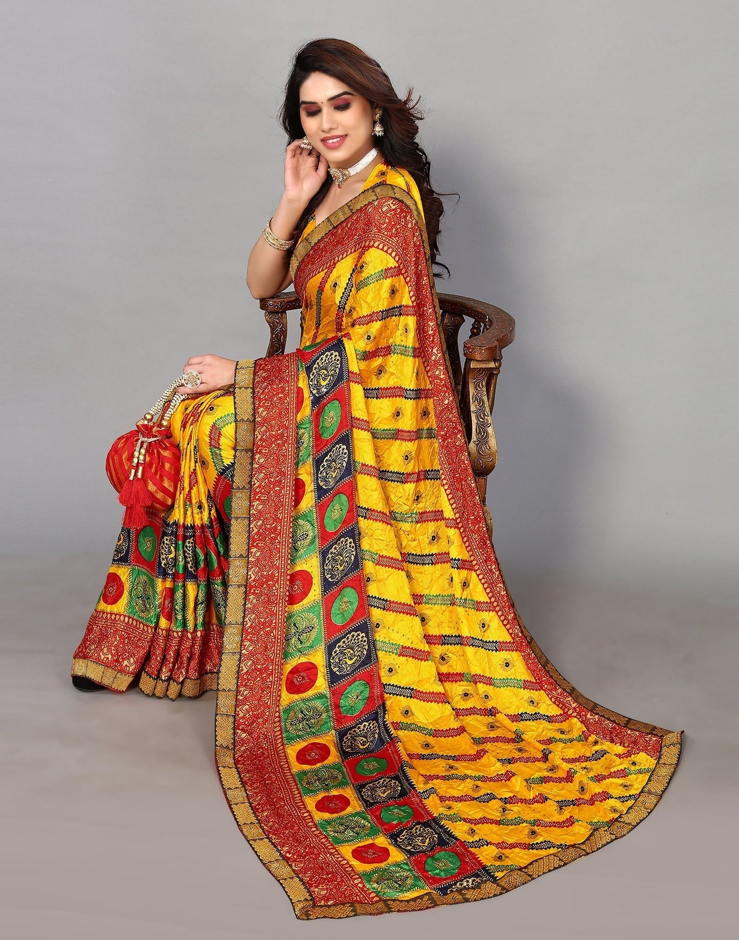 Yellow And Multicoloured Art Silk Stone Work Saree | Sudathi
