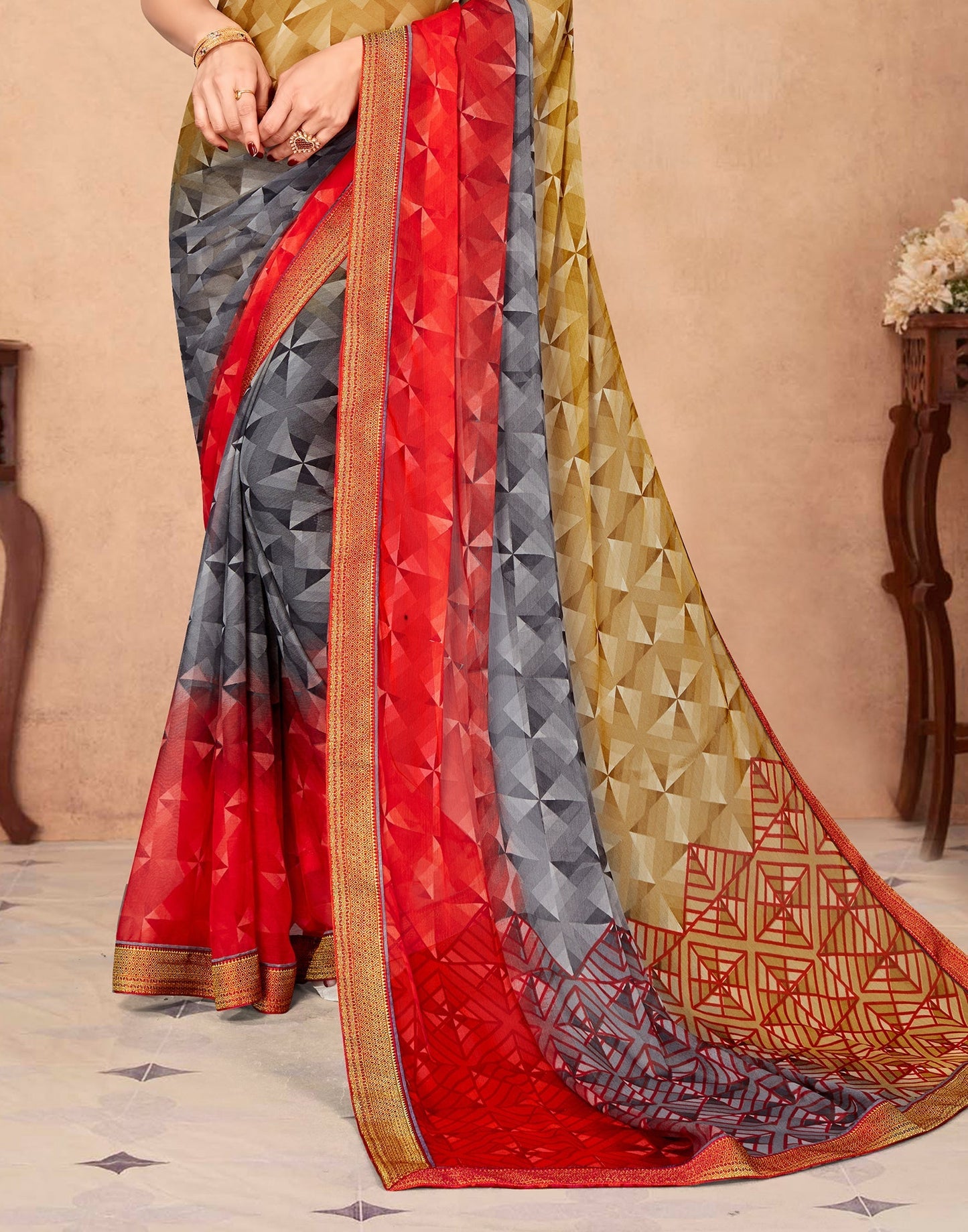 Red Printed Chiffon Saree | Sudathi