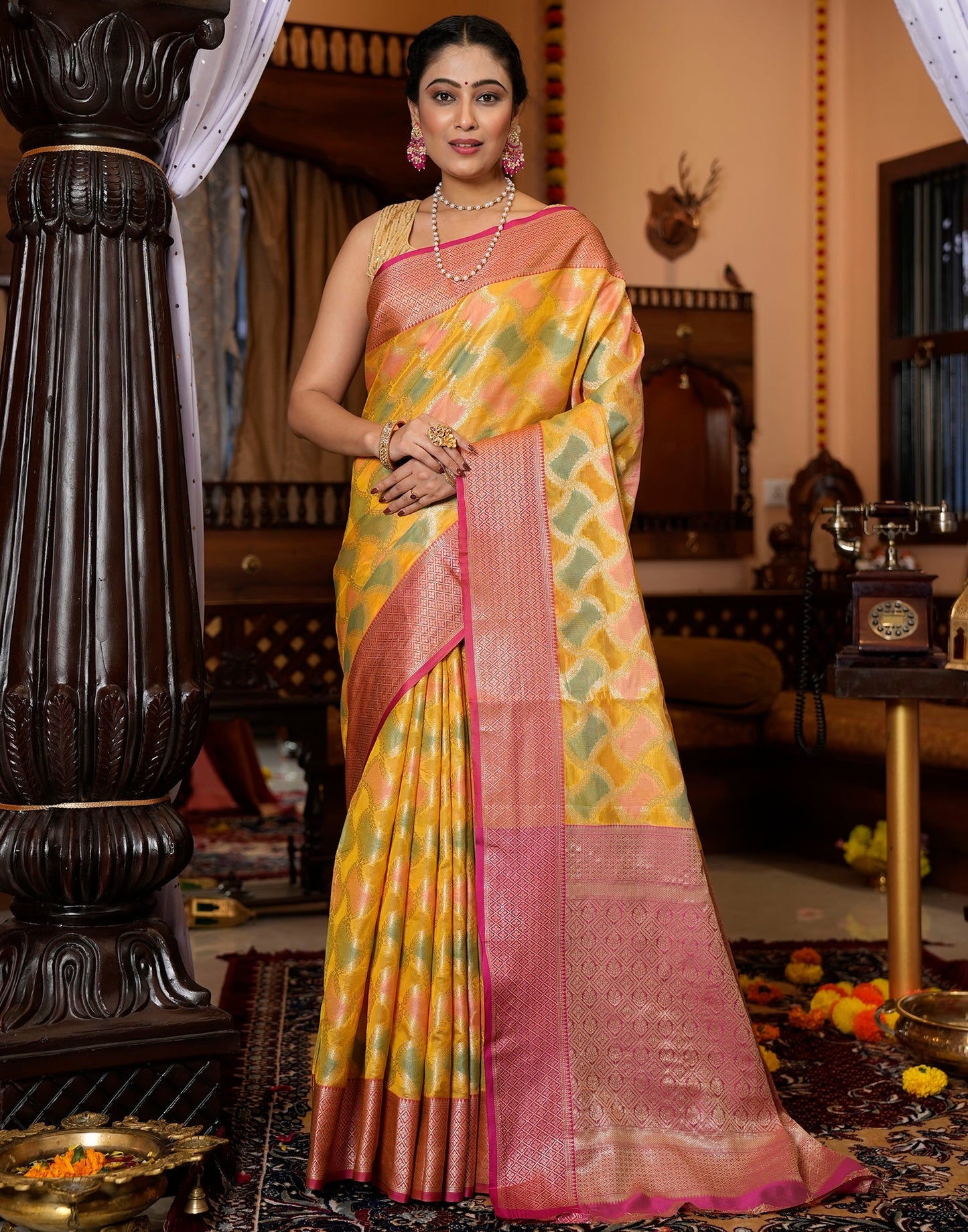 Yellow Banarasi Silk Saree | Leemboodi