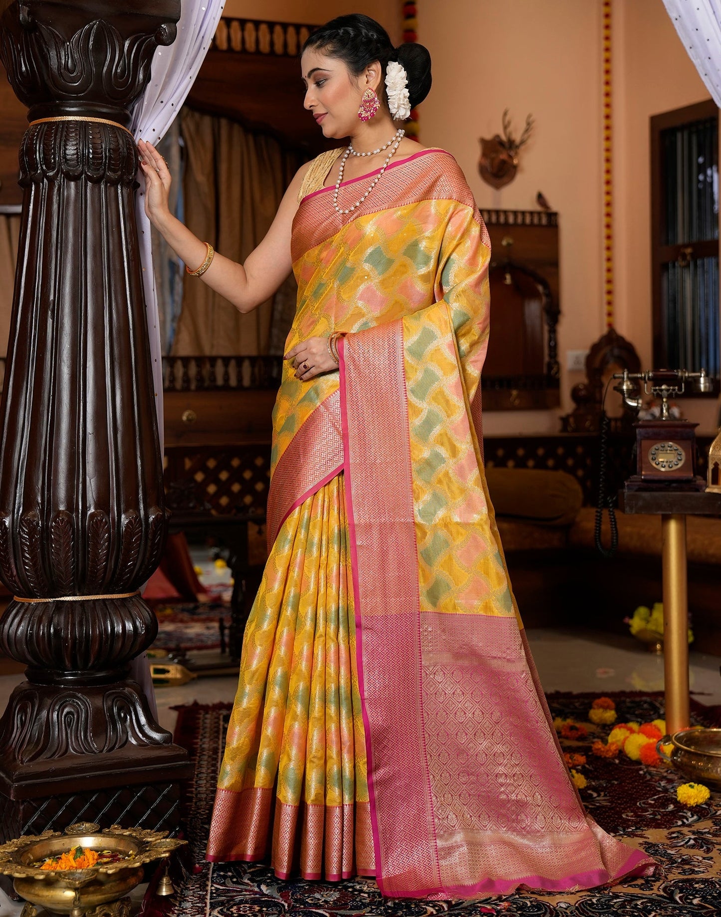Yellow Banarasi Silk Saree | Leemboodi