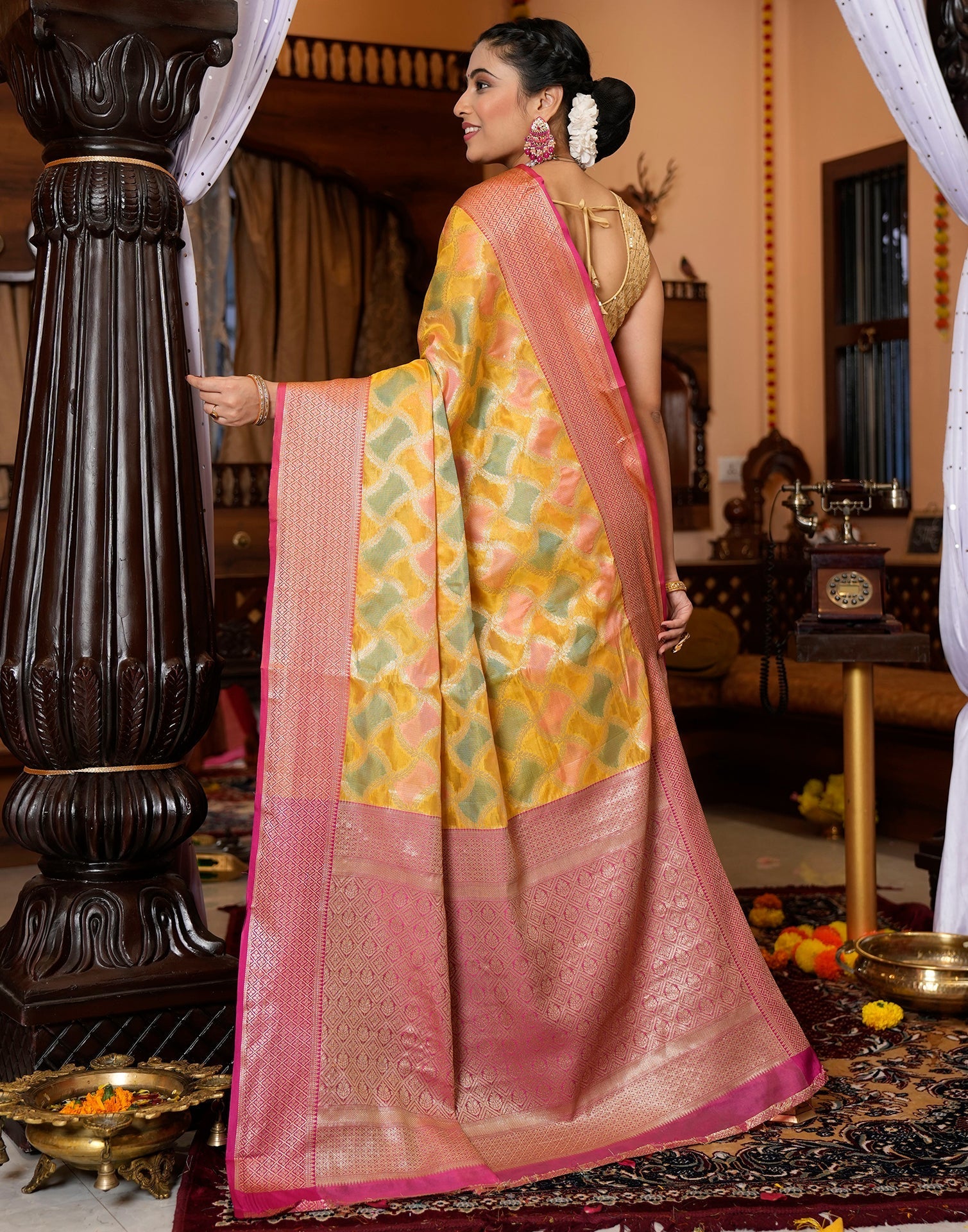 Yellow Banarasi Silk Saree | Leemboodi