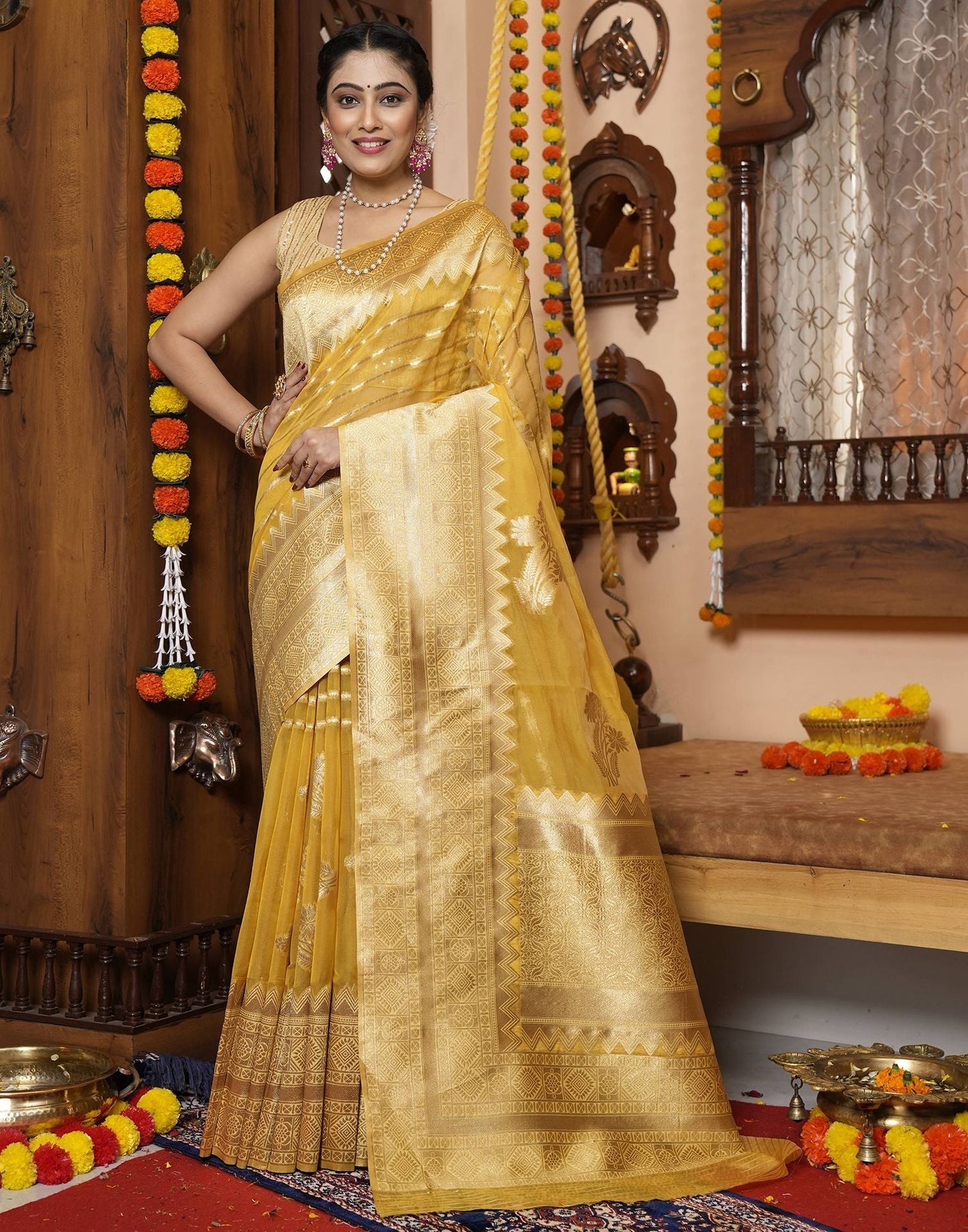 Yellow Banarasi Silk Saree | Leemboodi