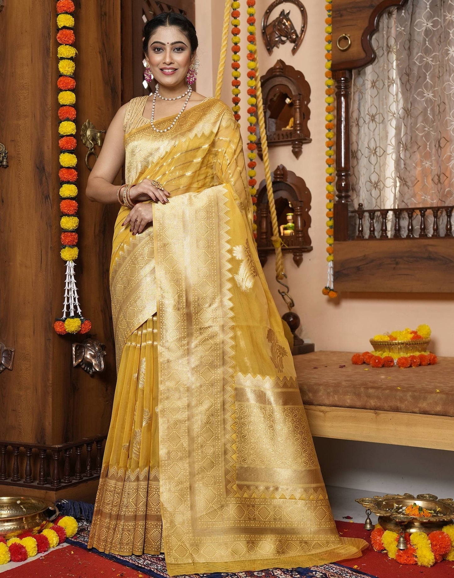 Yellow Banarasi Silk Saree | Leemboodi
