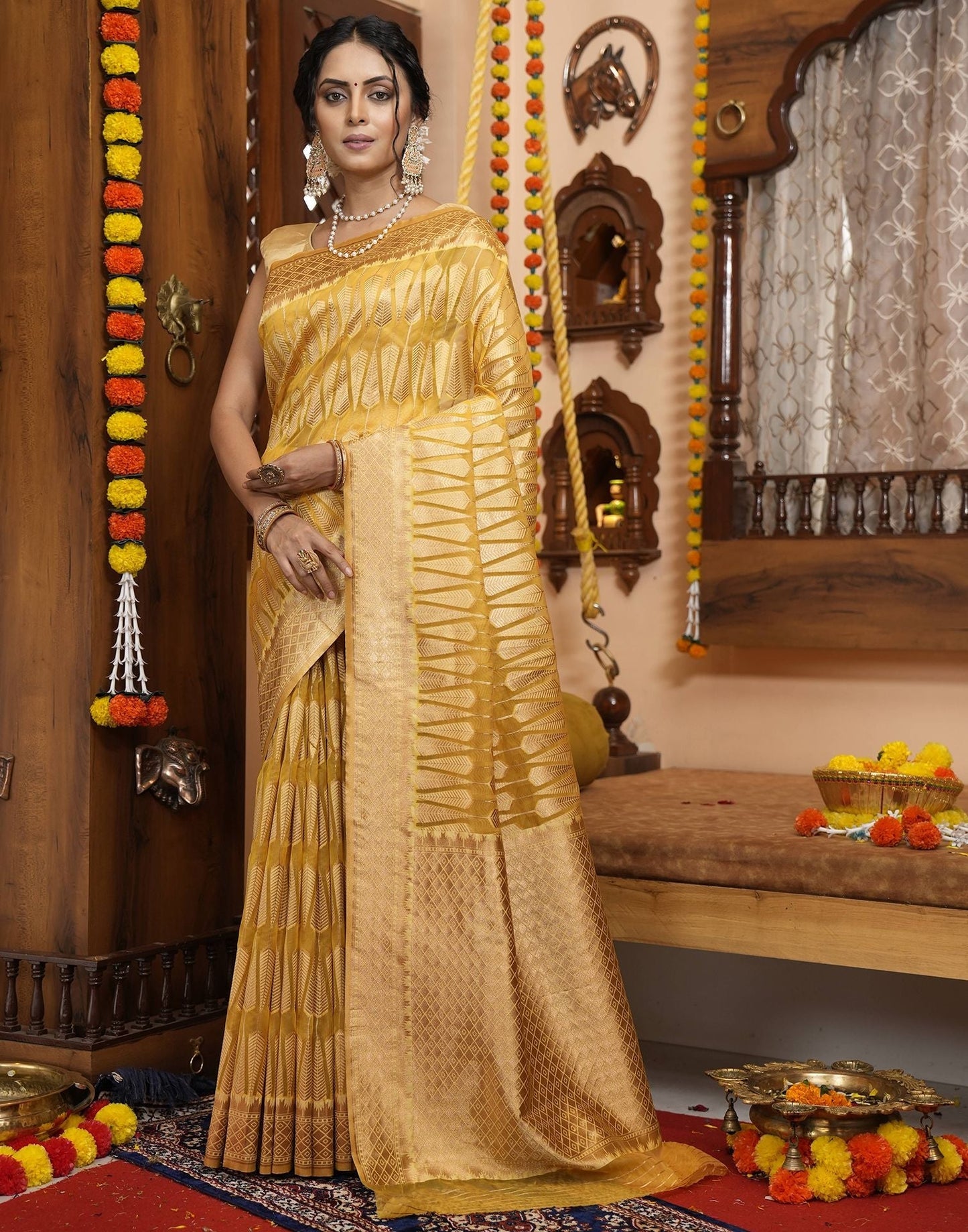 Yellow Banarasi Silk Saree | Leemboodi