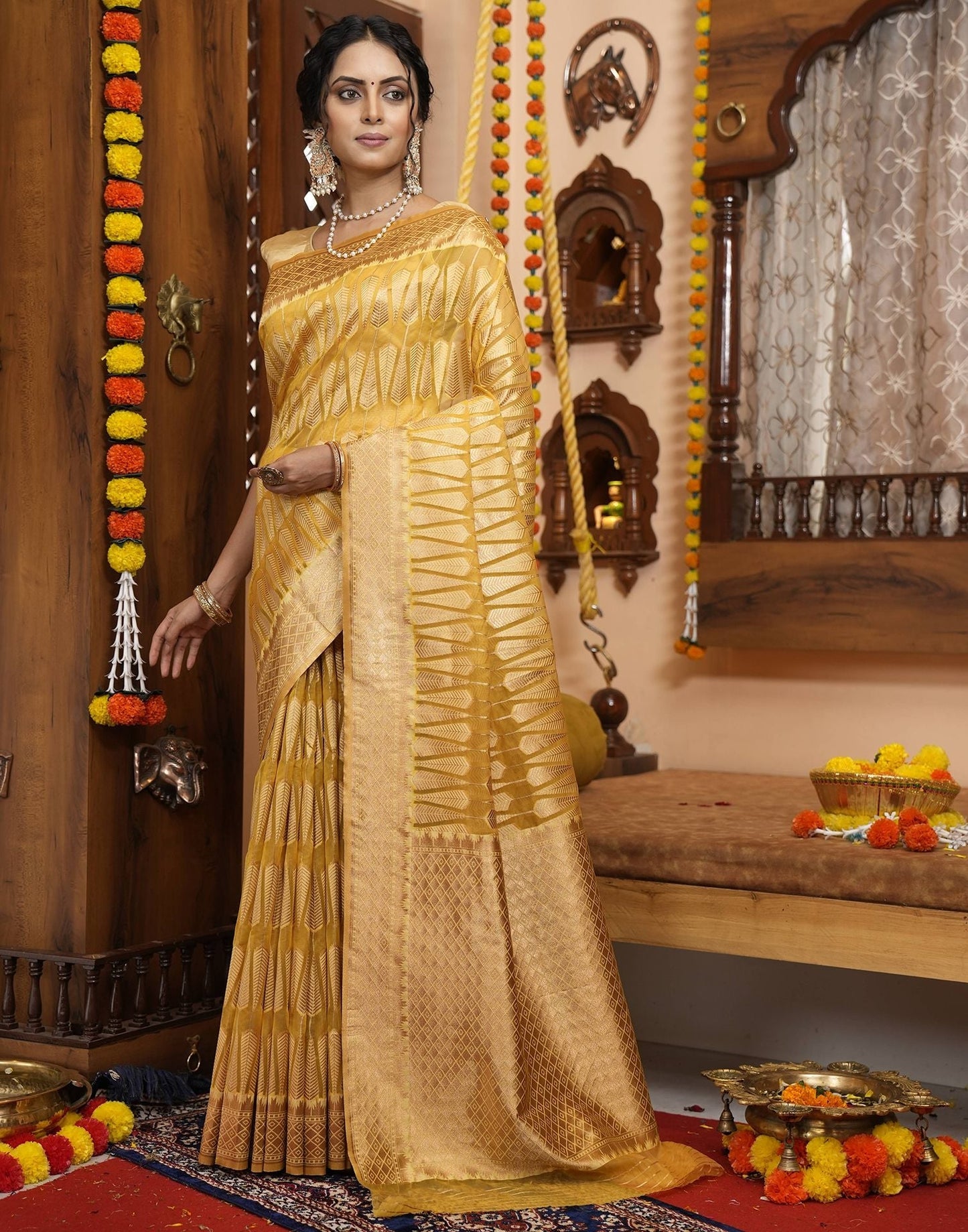 Yellow Banarasi Silk Saree | Leemboodi