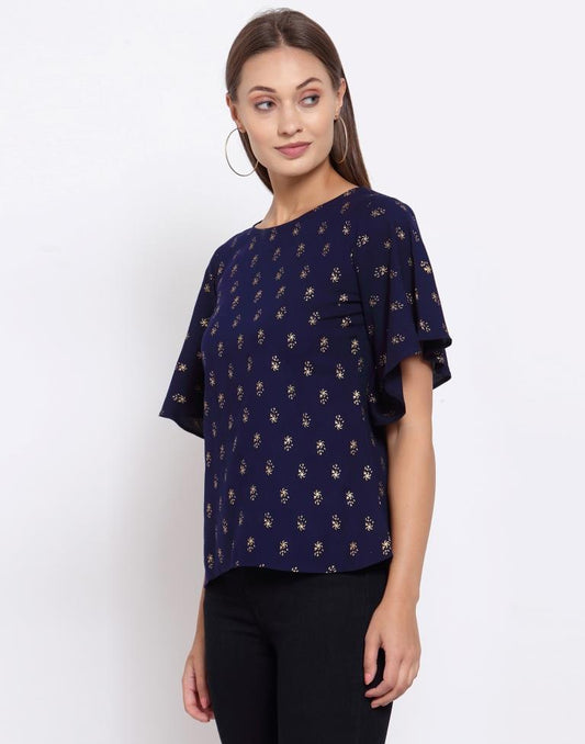 Navy Blue Printed Rayon Top | Sudathi