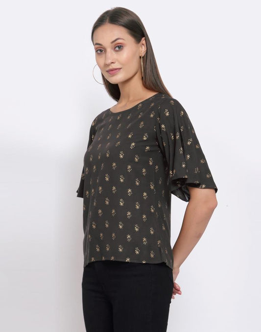 Charcol Grey Printed Rayon Top | Sudathi