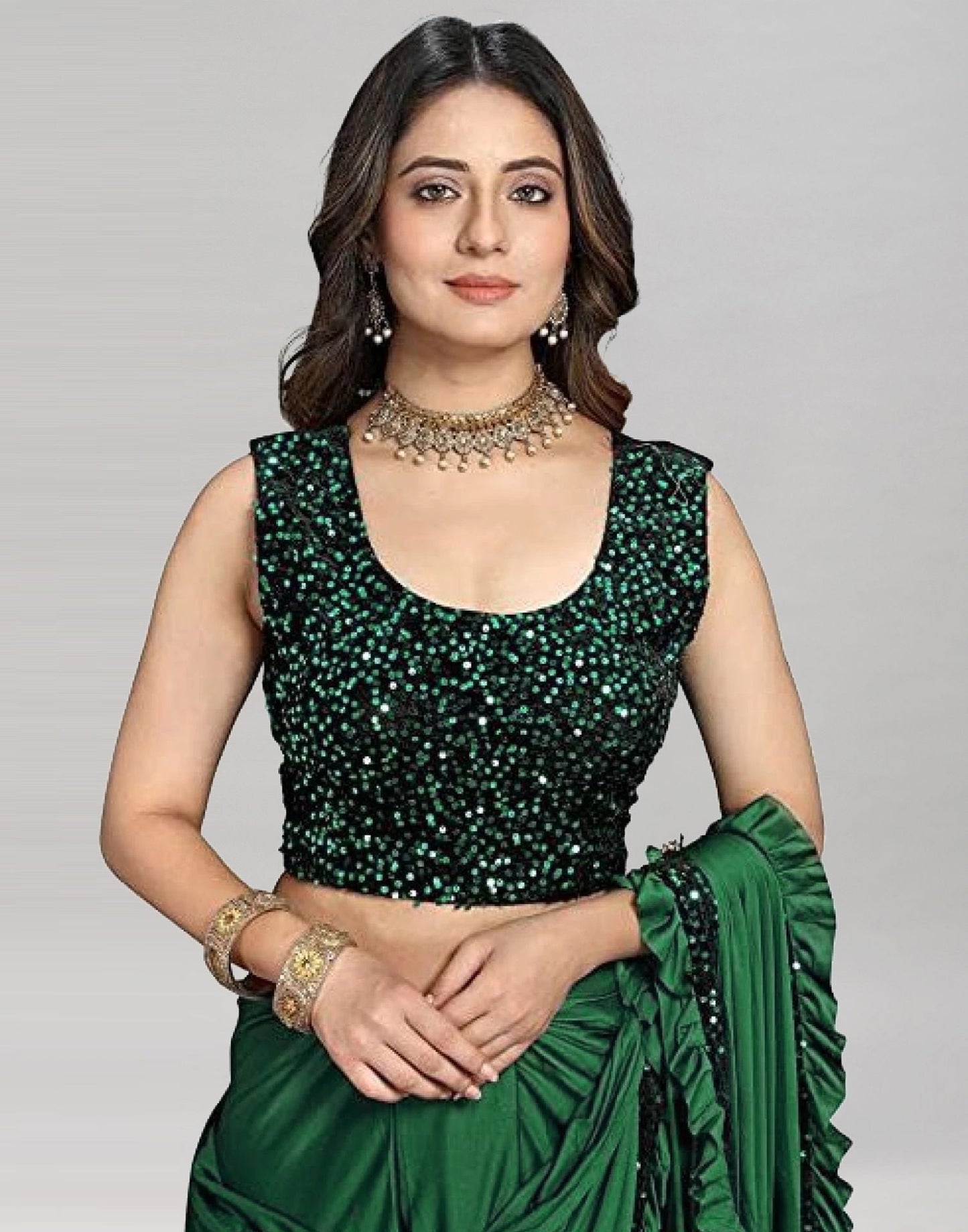 Green Plain Pre-draped Saree | Sudathi