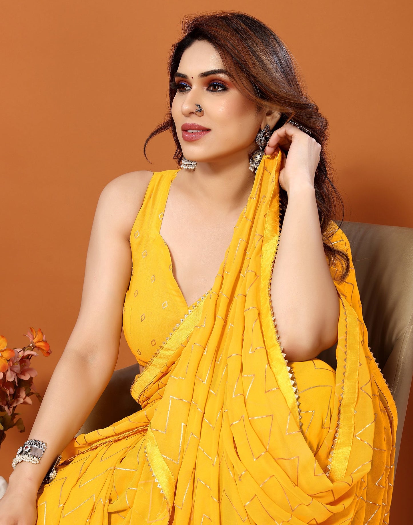 Yellow Georgette Printed Saree