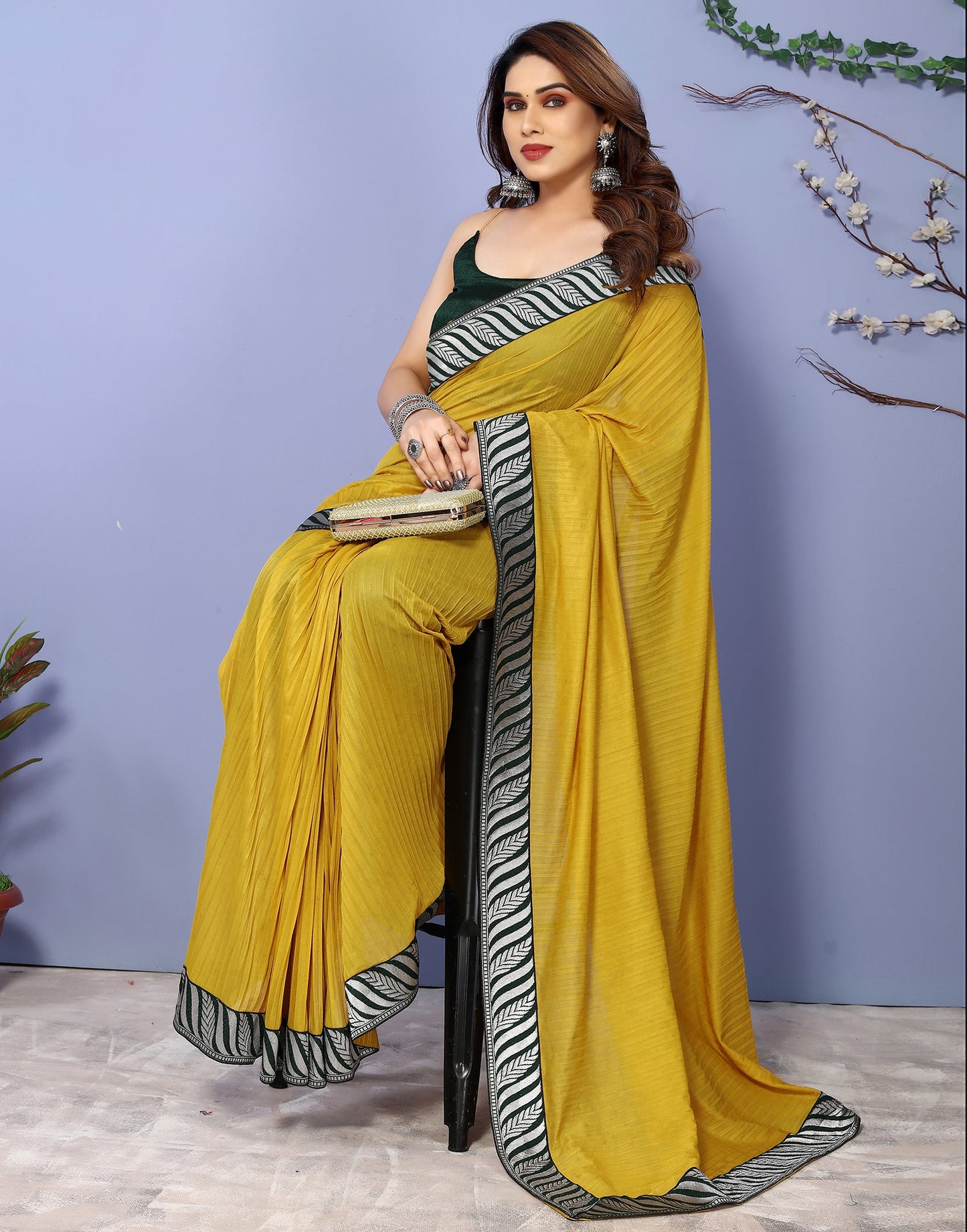 Yellow Lycra Plain Saree