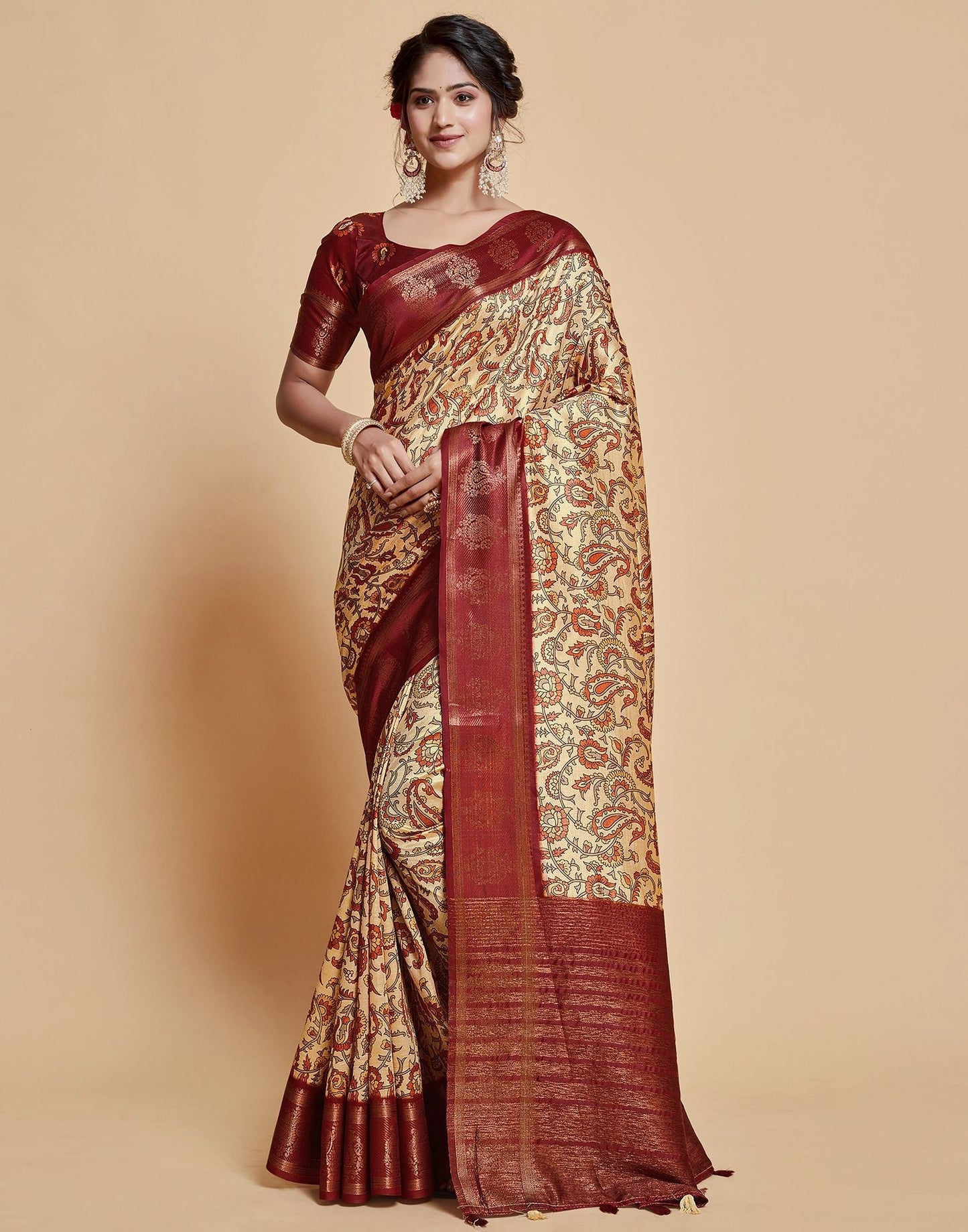 Beige Floral Printed Viscose Silk Saree | Leemboodi