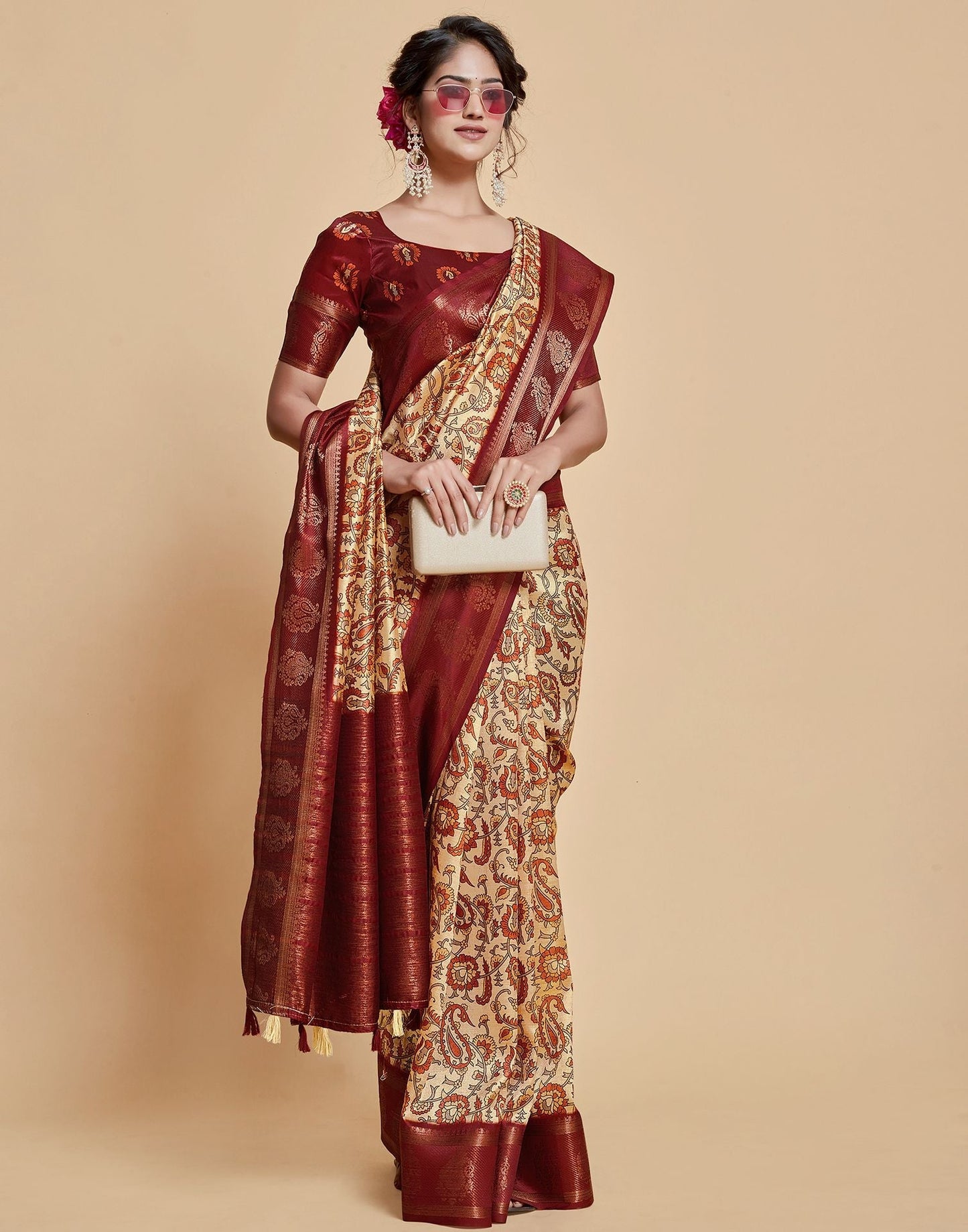 Beige Floral Printed Viscose Silk Saree | Leemboodi