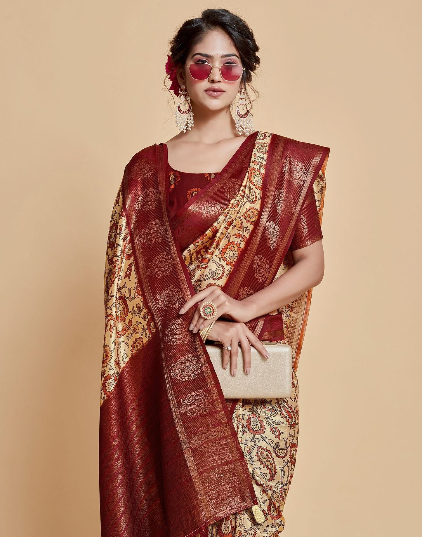 Beige Floral Printed Viscose Silk Saree | Leemboodi