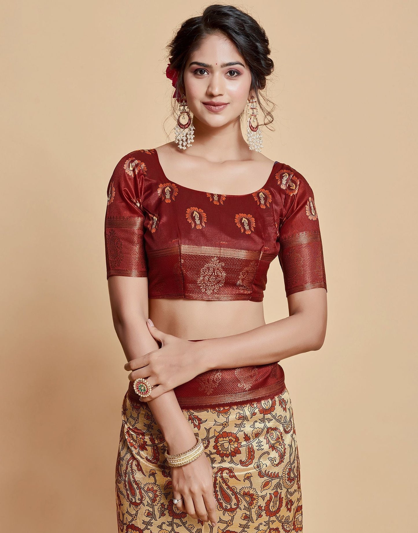 Beige Floral Printed Viscose Silk Saree | Leemboodi