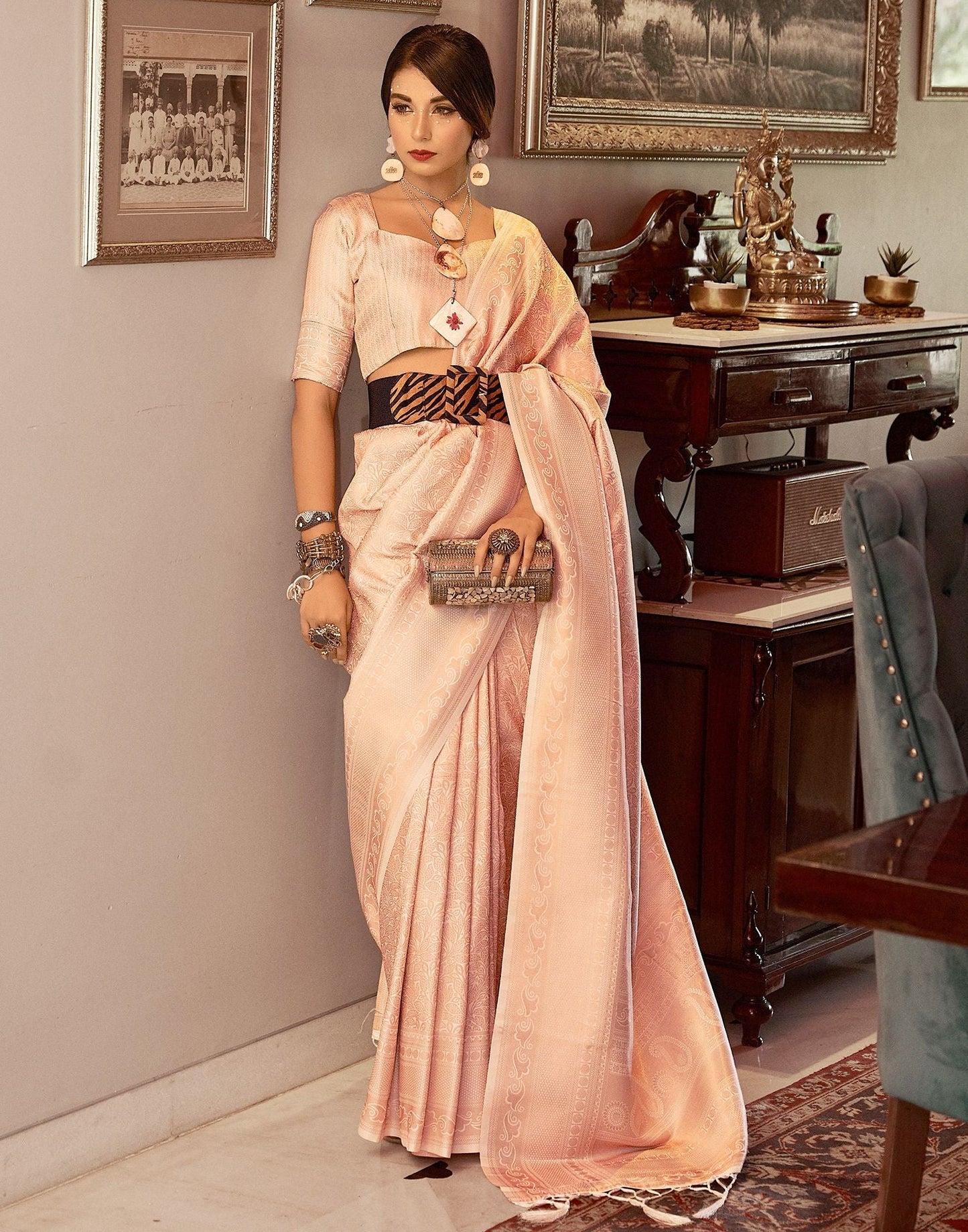 Beige Jacquard Kanjivaram Silk Saree | Leemboodi