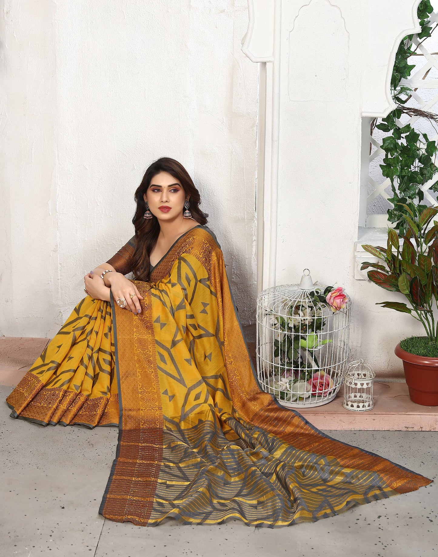 Yellow Cotton Weaving Saree
