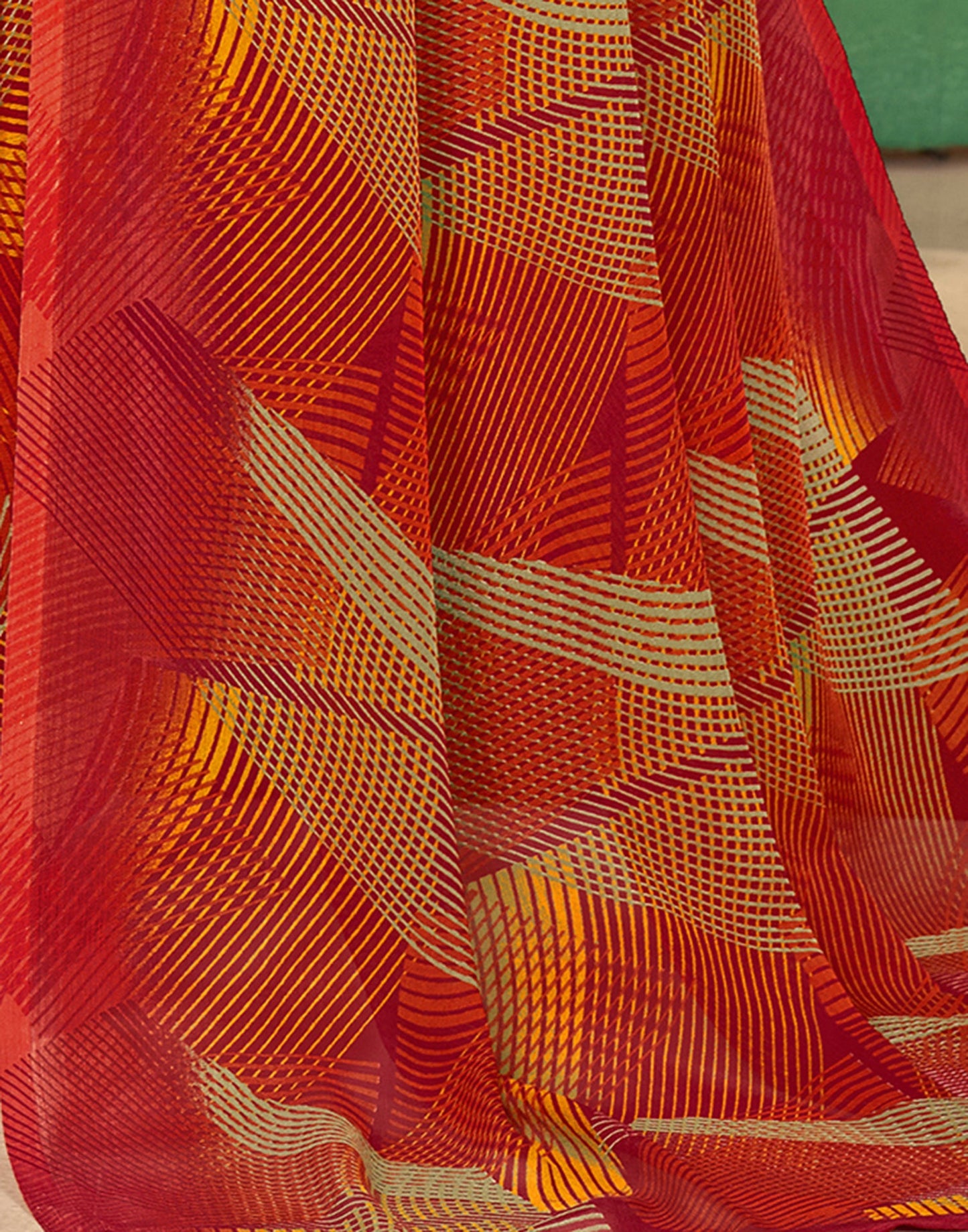 Red Chiffon Printed Saree