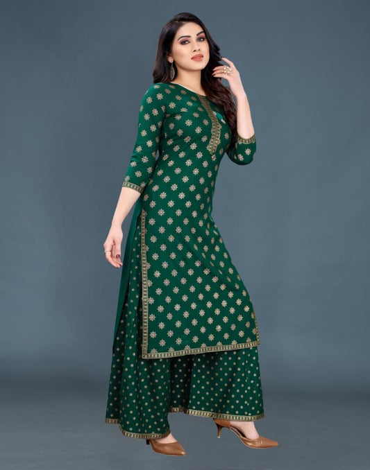 Bottle Green Coloured Rayon Foil Printed Kurti With Palazzo | Leemboodi