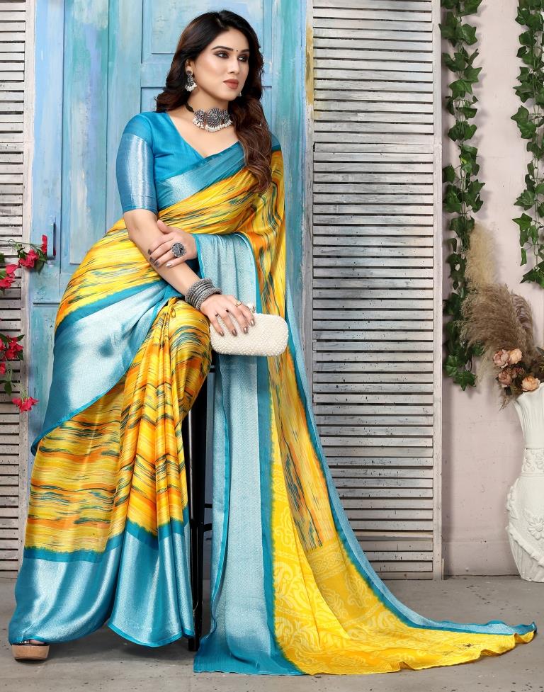 Yellow Chiffon Printed Saree