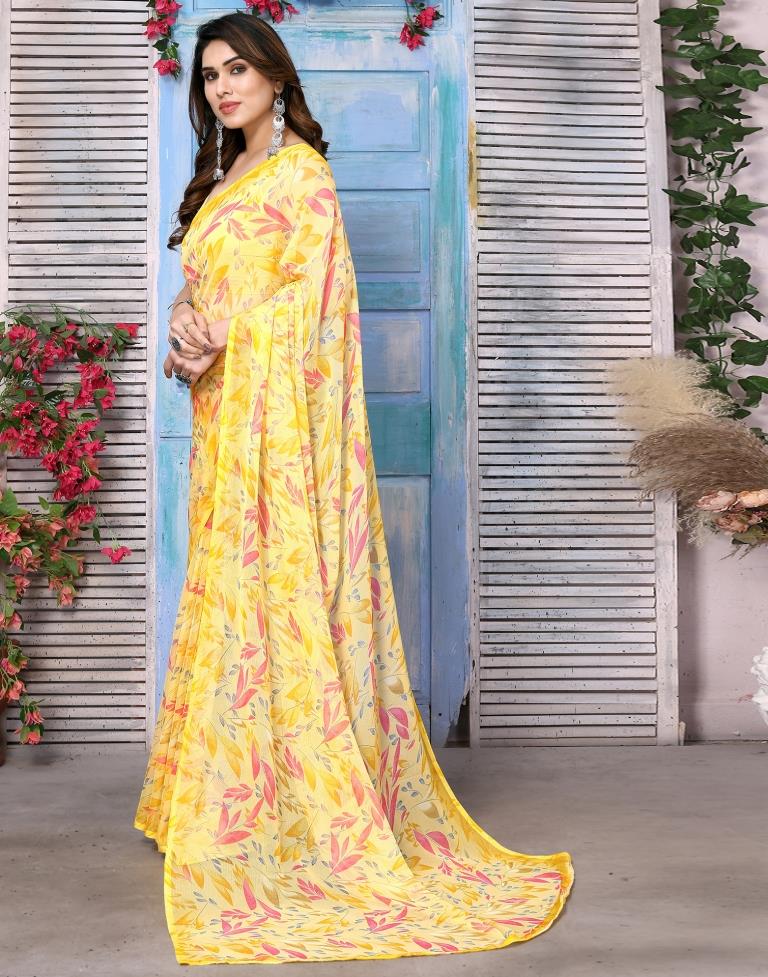Yellow Chiffon Floral Printed Saree