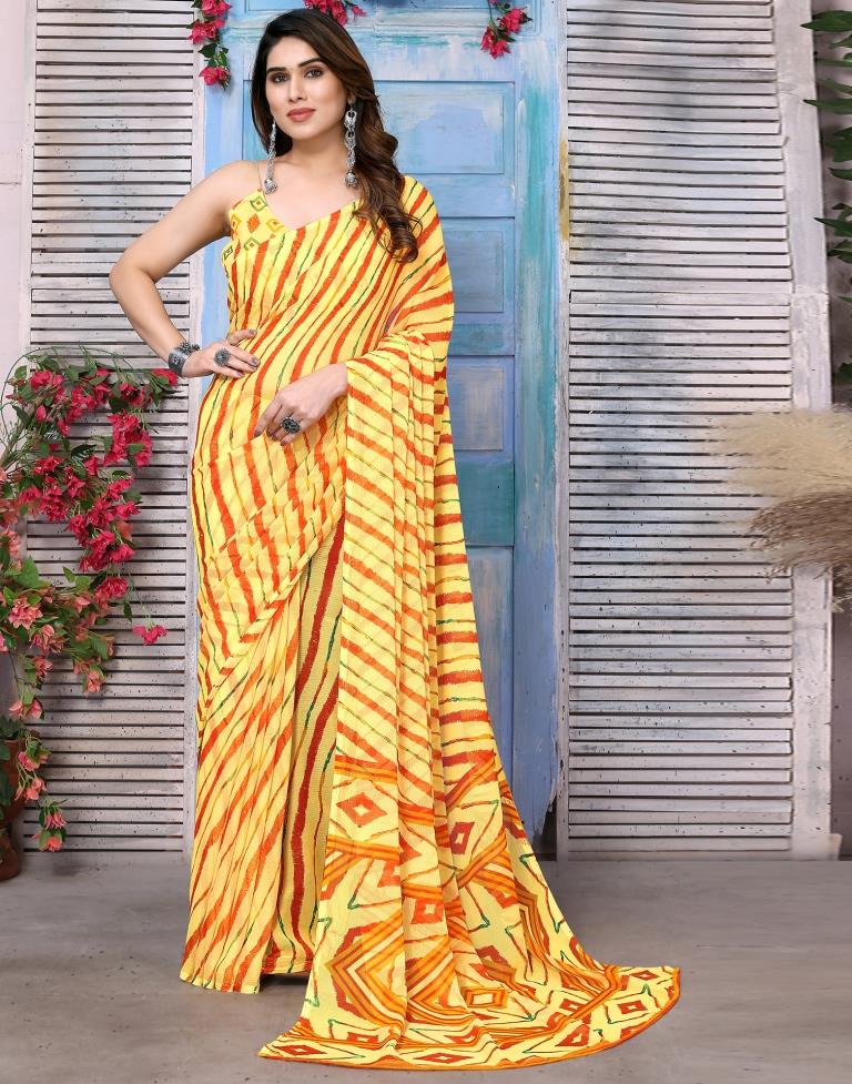 Yellow Chiffon Printed Saree