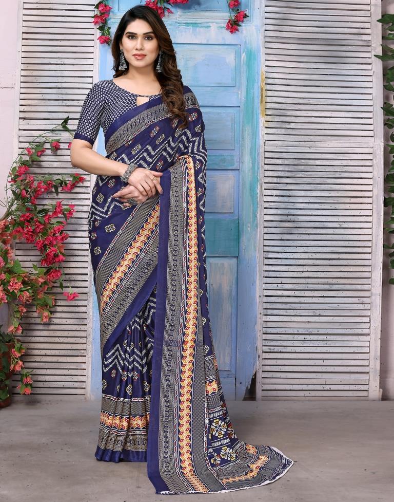 Navy Blue Silk Printed Saree