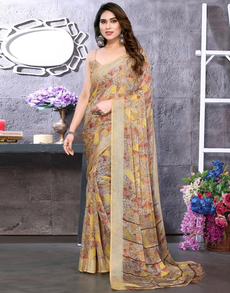 Beige Chiffon Printed Saree