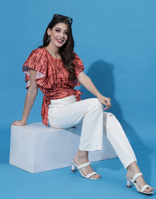 Rust Orange Tire-Up Bell Sleeve Top | Sudathi