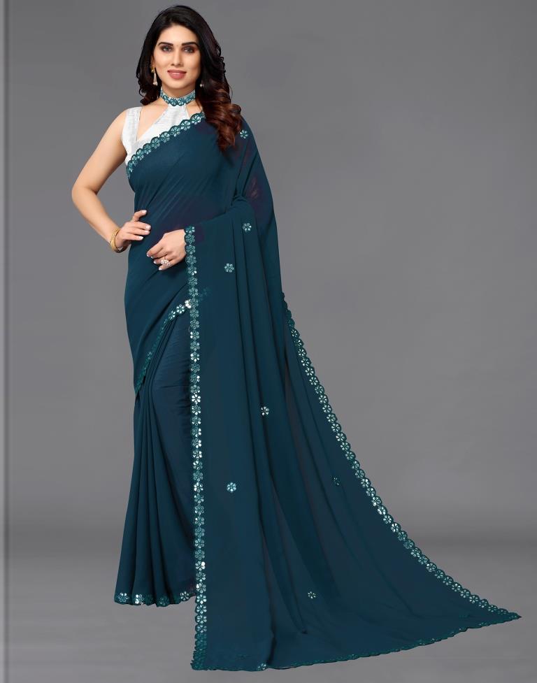 Teal Blue Georgette Embroidery Saree