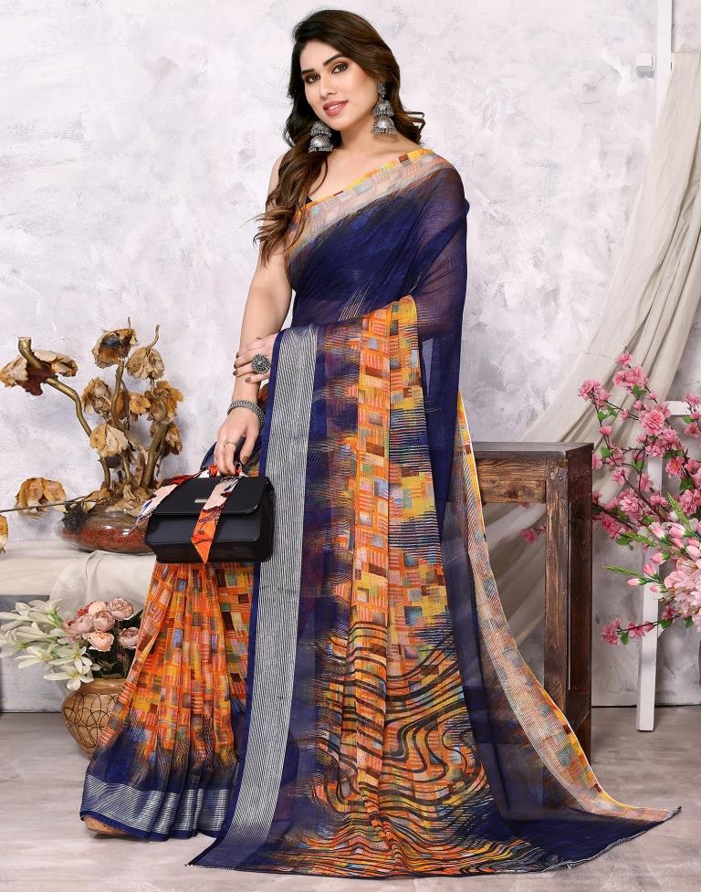Blue Chiffon Printed Saree