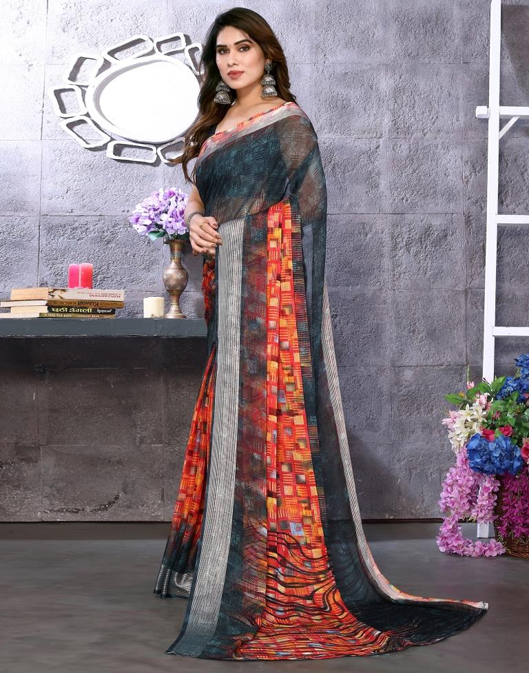Dark Green Chiffon Printed Saree