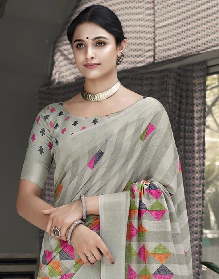 Beige Cotton Printed Saree