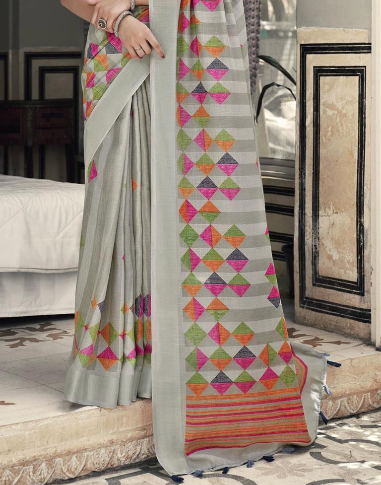 Beige Cotton Printed Saree