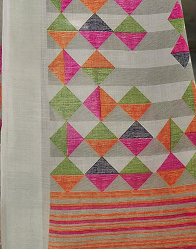 Beige Cotton Printed Saree