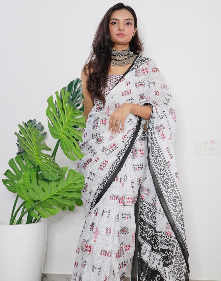 White Printed Cotton Saree
