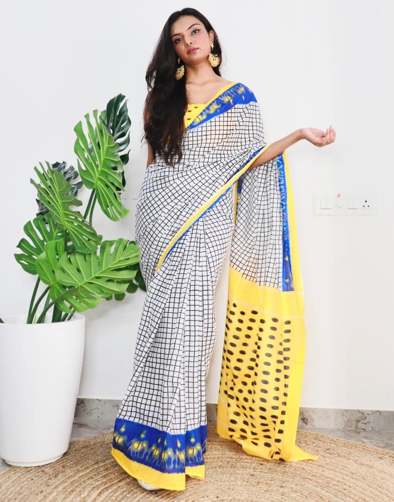 White Printed Cotton Saree