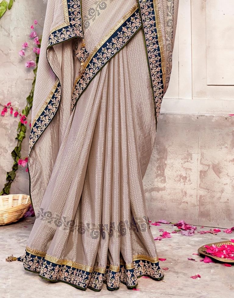 Beige Jacquard Chiffon Saree