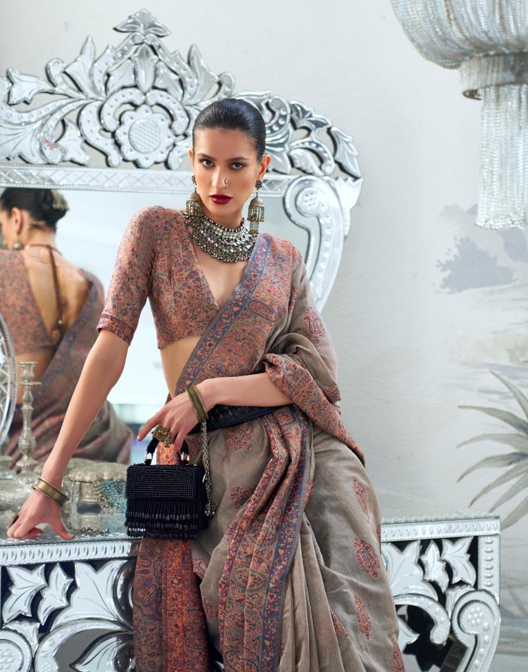 Beige Jacquard Silk Saree