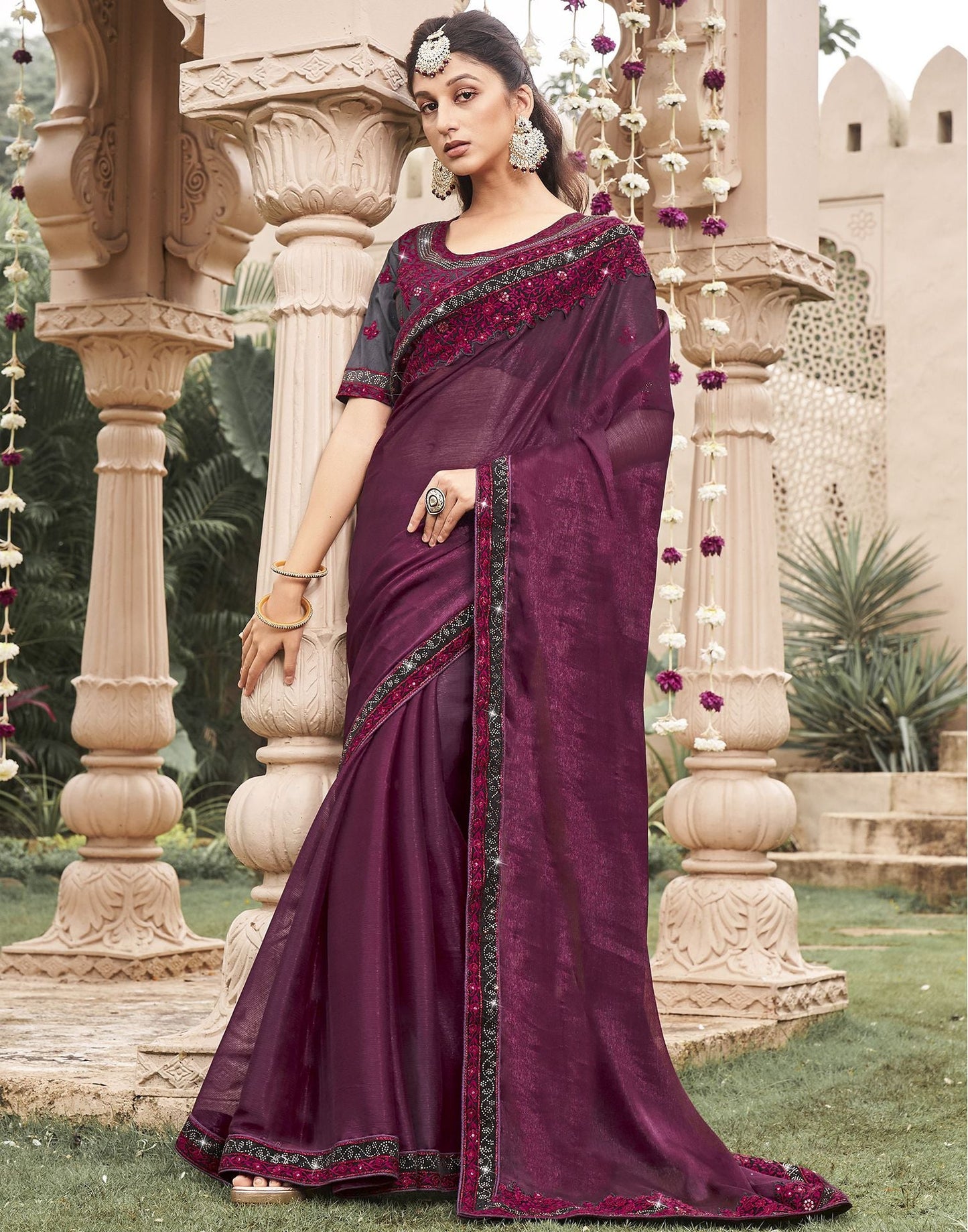Wine Plain Chiffon Saree