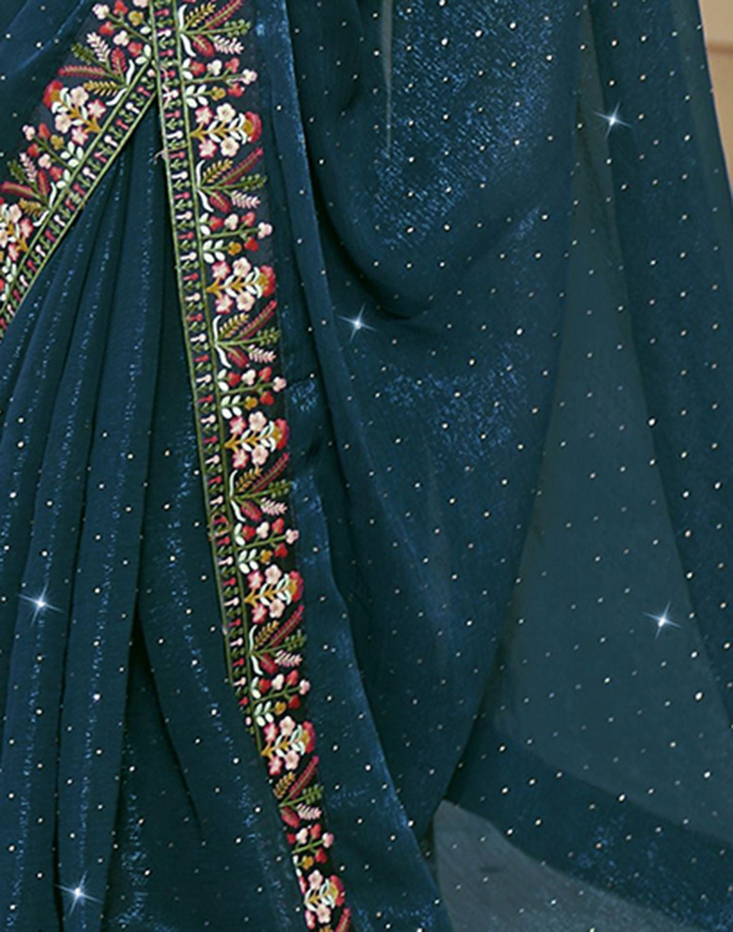 Dark Teal Blue Plain Chiffon Saree