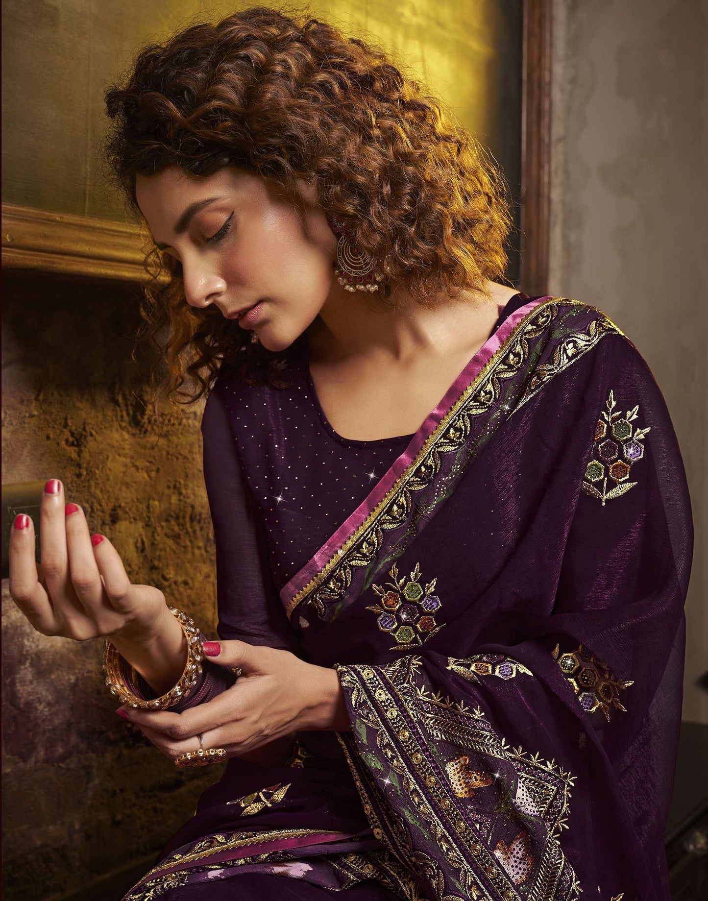 Wine Plain Chiffon Saree