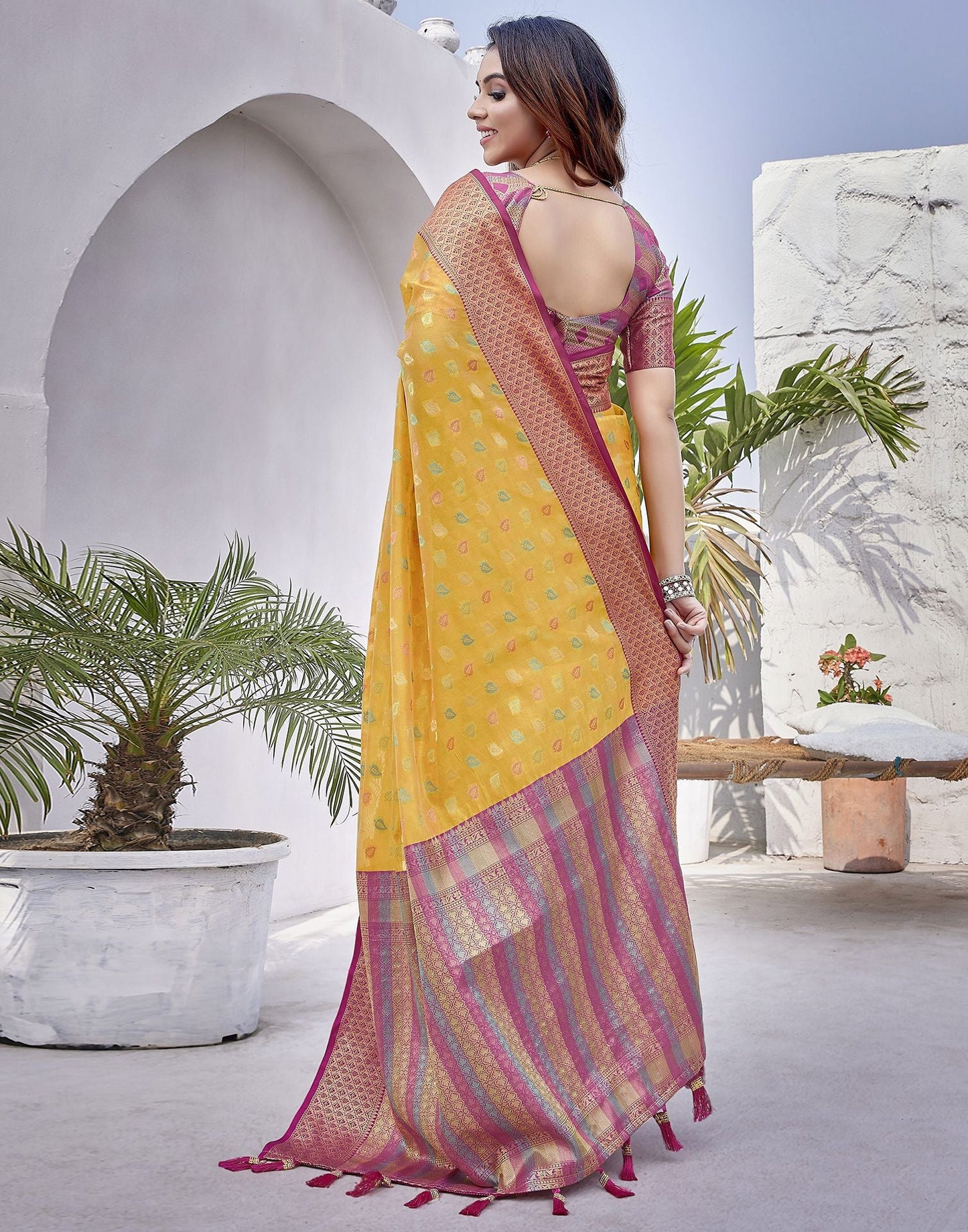 Yellow & Pink Jacquard Organza Saree