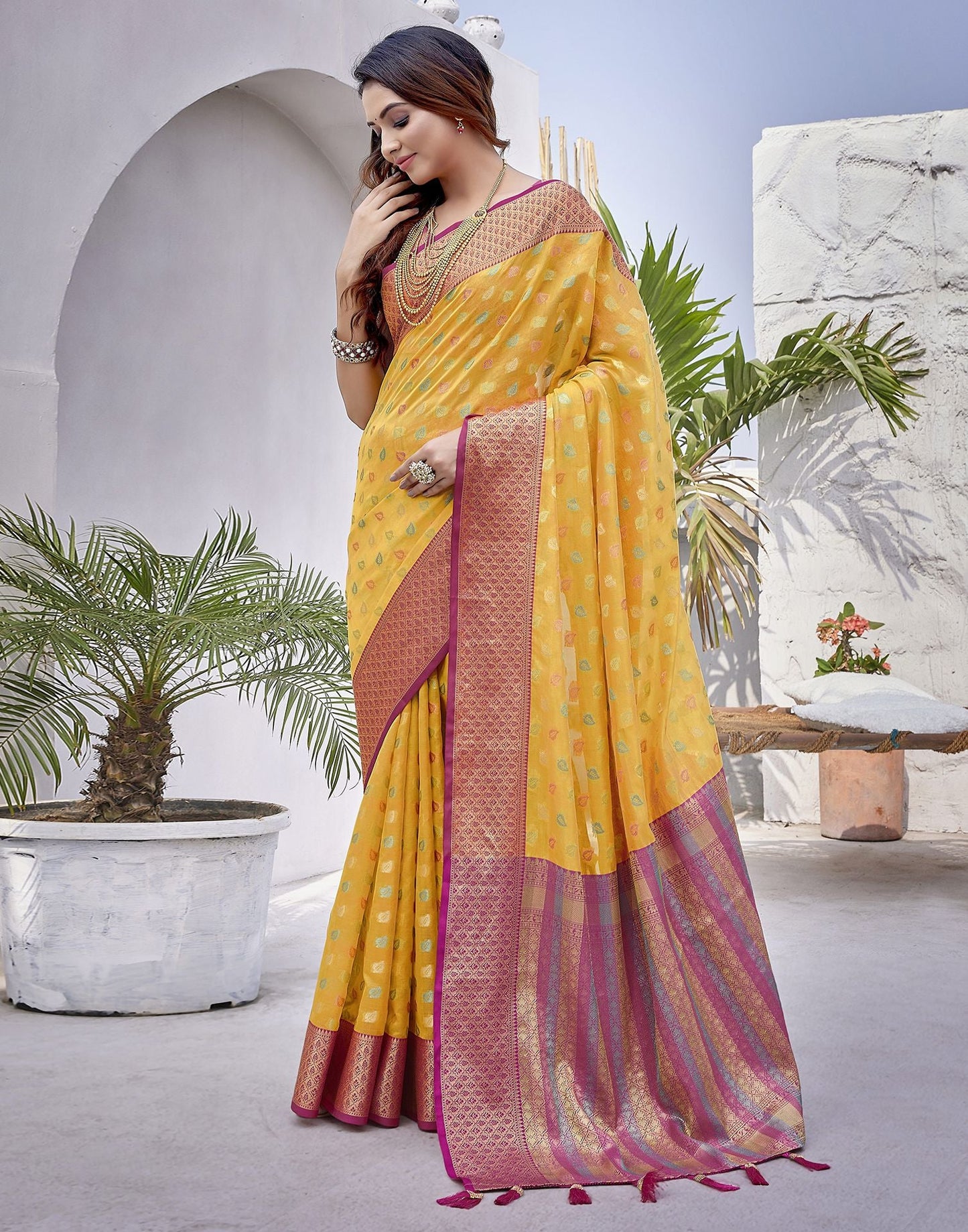 Yellow & Pink Jacquard Organza Saree